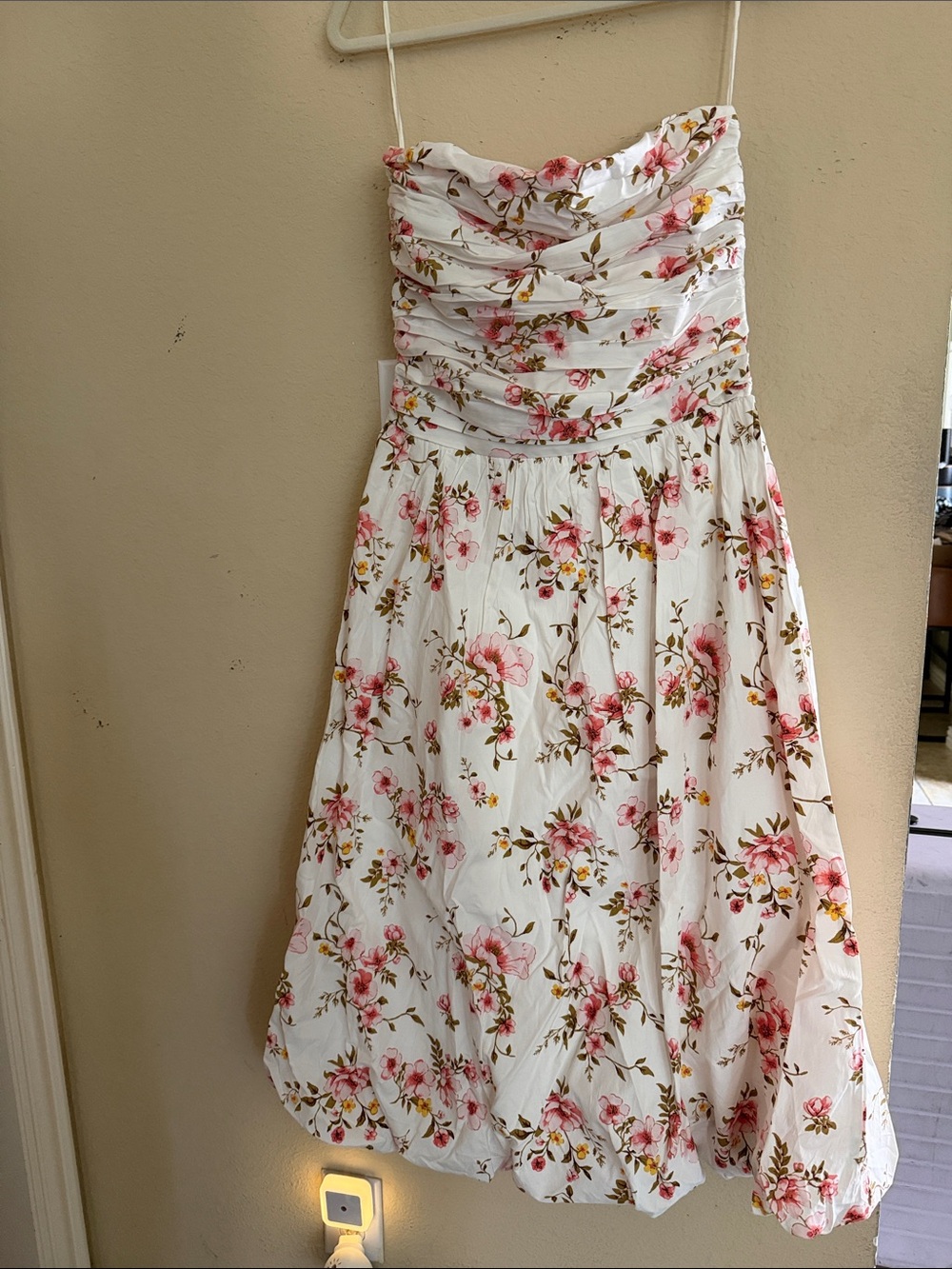 White Floral Strapless Dress with Pink Flowers